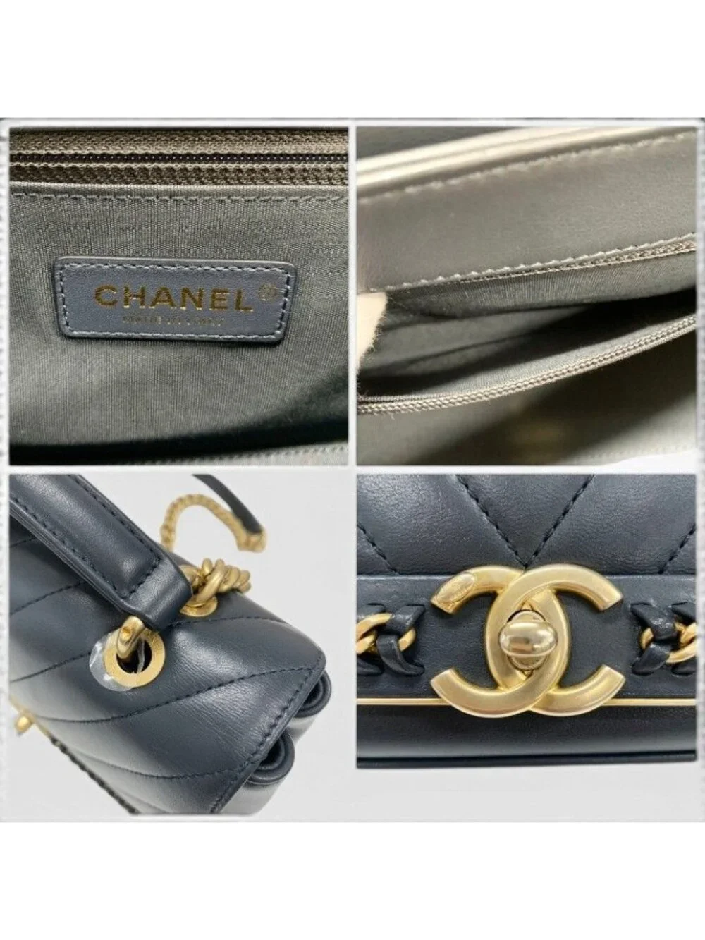 Chanel Shoulder Bag Navy Gold Blanc CC Logo Stitch Chain Turnlock 2-Way